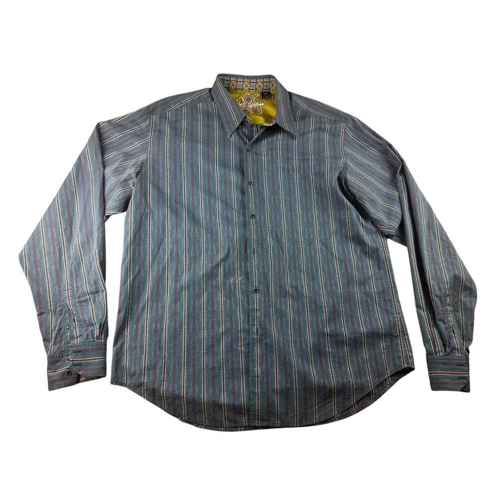 Robert Graham Button-Up Shirt Men 2XLT Blue Silk Trim Striped Preppy Eclectic